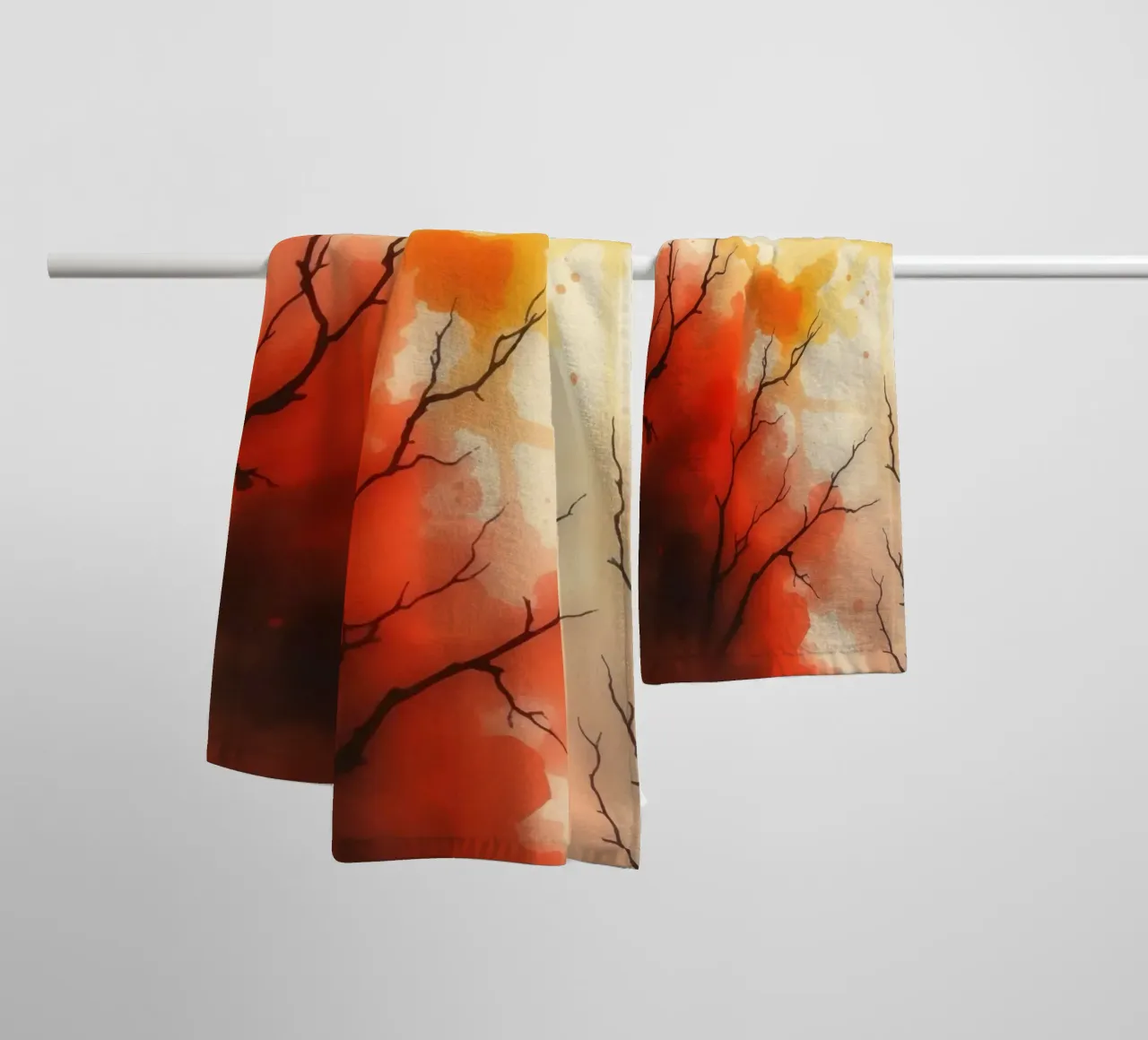 autumn landscape with colorful splashes, bare tree branches towel by DesignDoodle