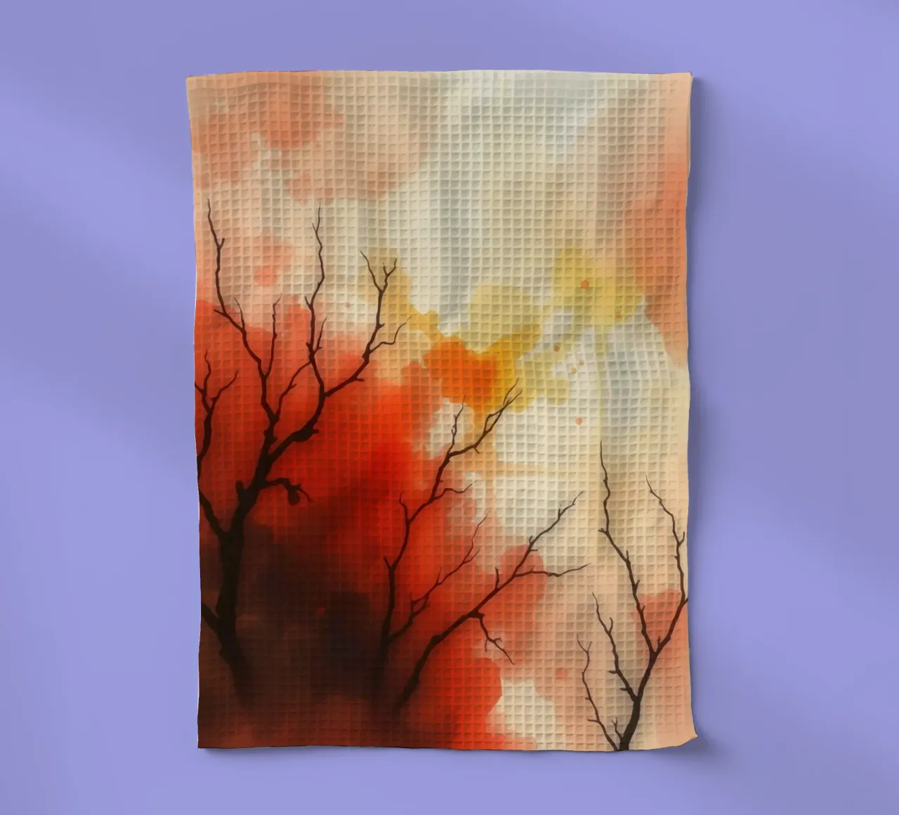autumn landscape with colorful splashes, bare tree branches tea towel by DesignDoodle