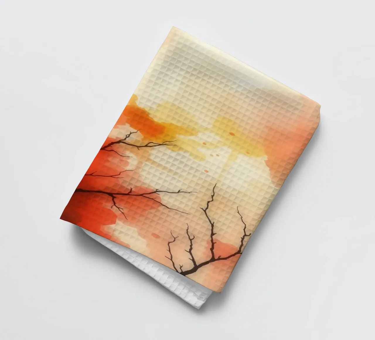autumn landscape with colorful splashes, bare tree branches tea towel by DesignDoodle