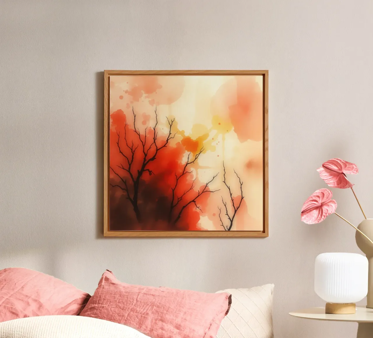 paesaggio autunnale con spruzzi di colore, rami di alberi spogli alluminio dibond da DesignDoodle