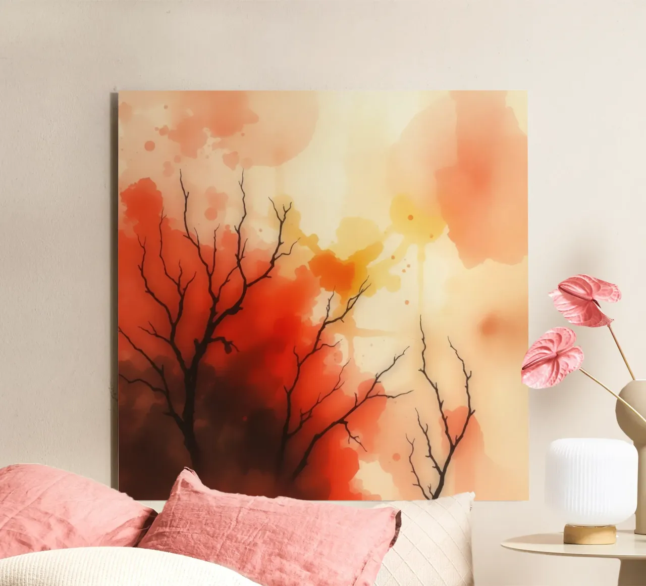 paesaggio autunnale con spruzzi di colore, rami di alberi spogli alluminio dibond da DesignDoodle