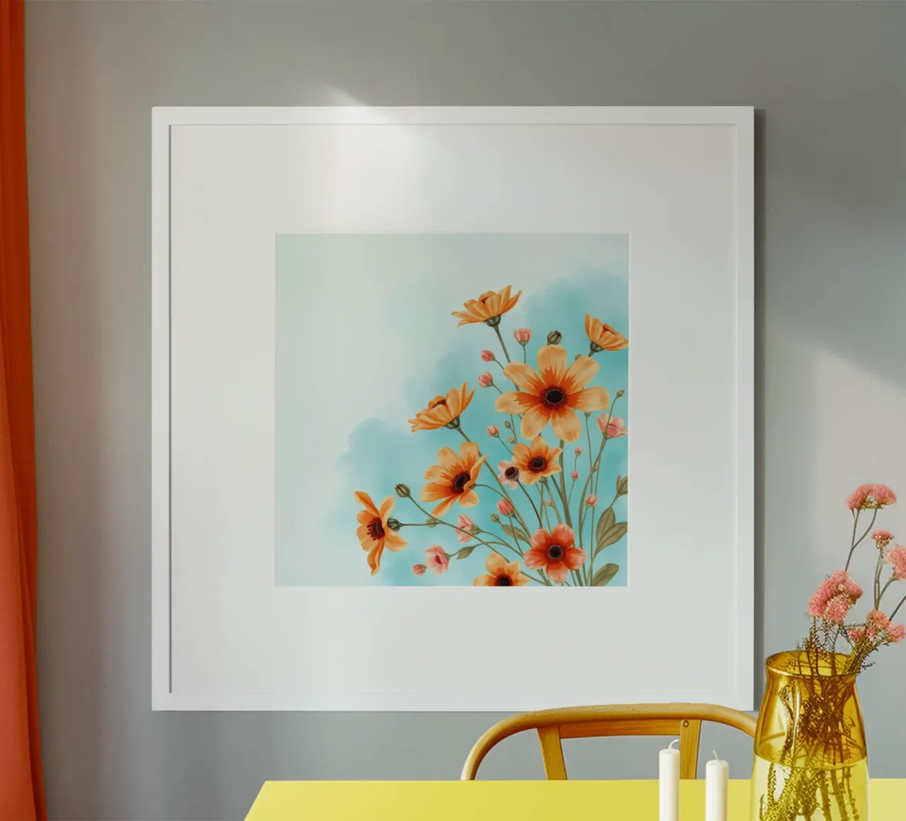 fiori arancioni sbocciano su un morbido sfondo blu poster da DesignDoodle