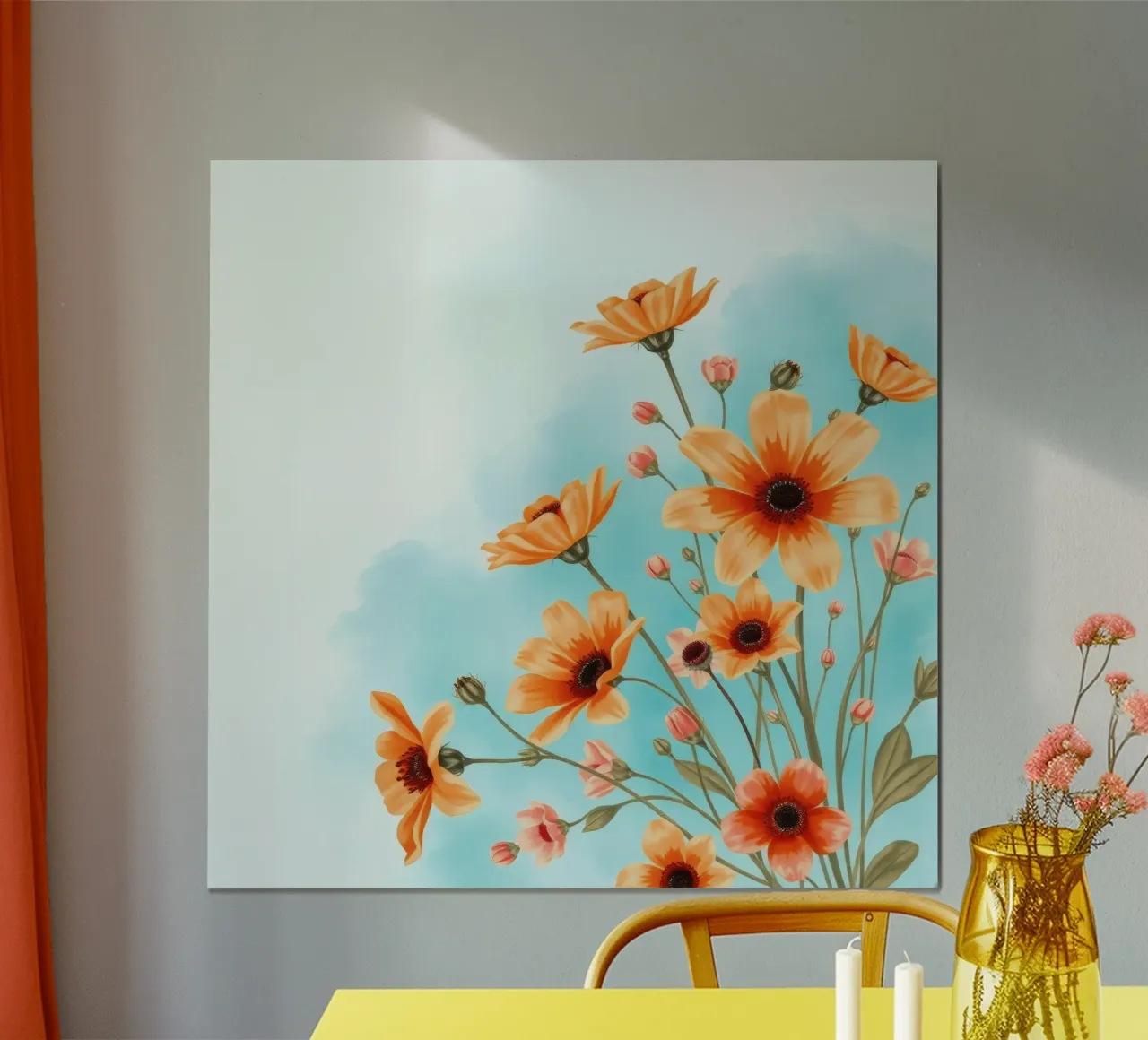 fiori arancioni sbocciano su un morbido sfondo blu poster da DesignDoodle
