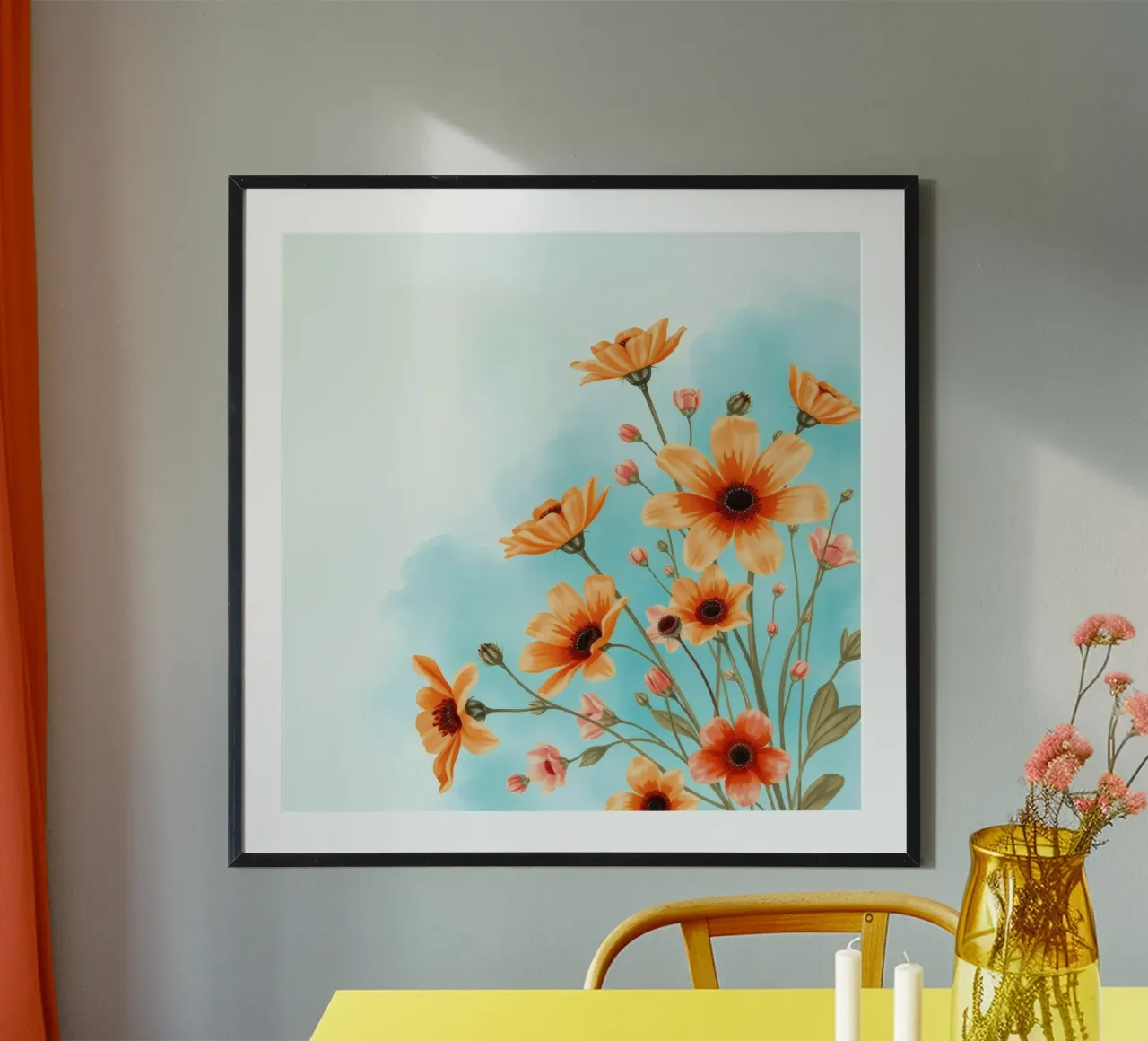 fiori arancioni sbocciano su un morbido sfondo blu poster da DesignDoodle