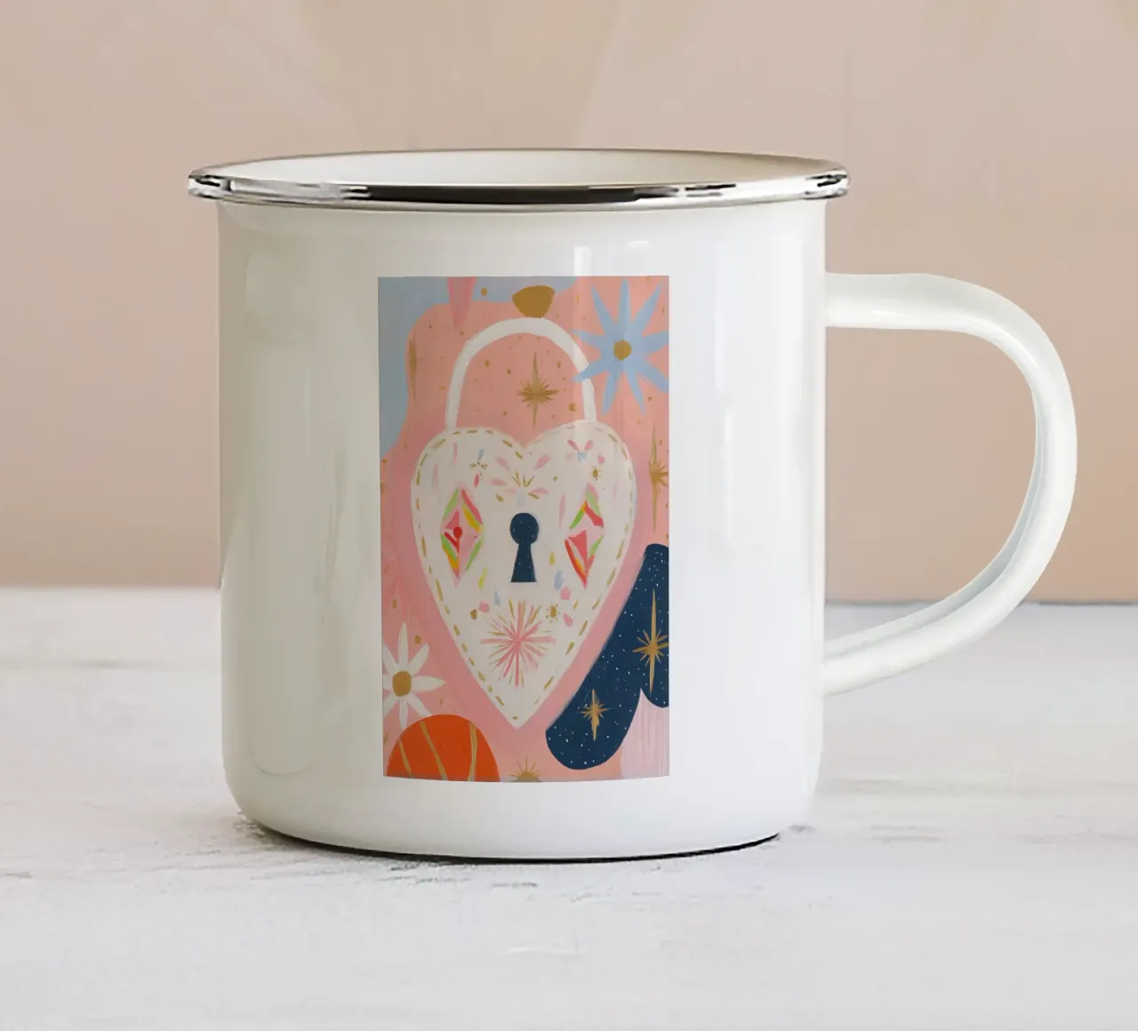 Folk Print, Hartenzak, Boho Print emaille mok van Boheme
