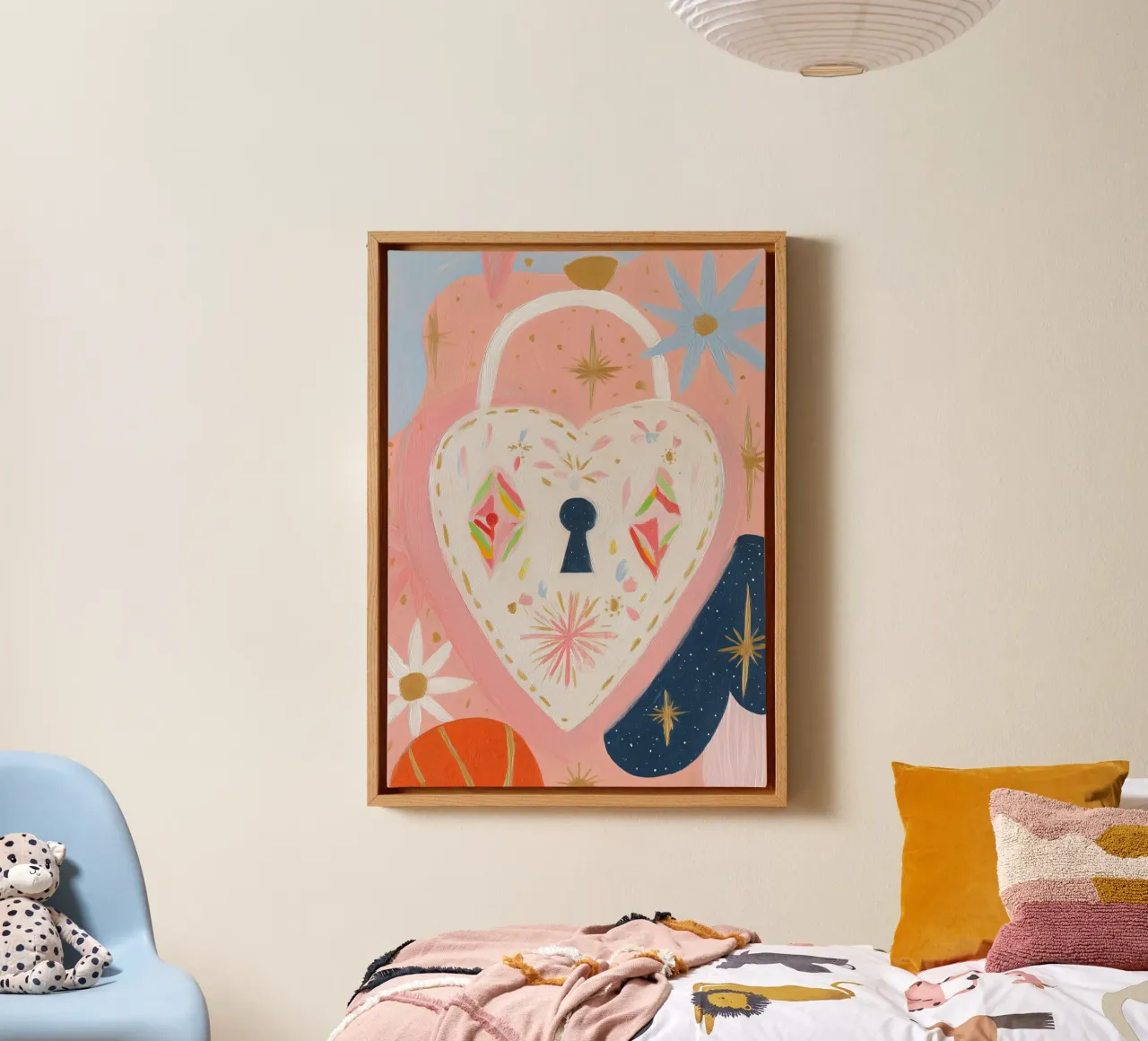 Folk Print, Heart Locket, Boho Print lienzo con Marco flotante de Boheme