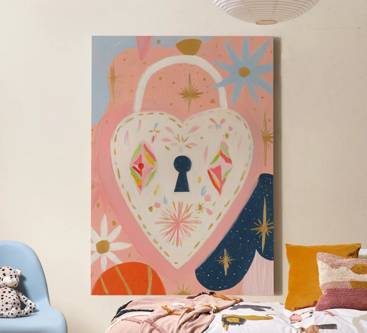 Folk Print, Heart Locket, Boho Print lienzo con Marco flotante de Boheme