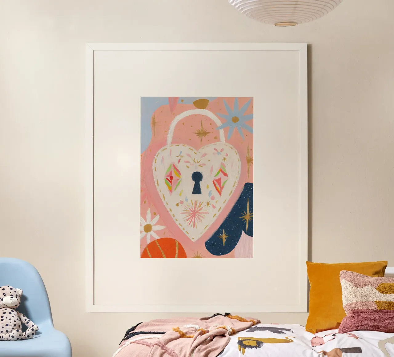 Folk Print, Heart Locket, Boho Print poster con marco de madera de Boheme