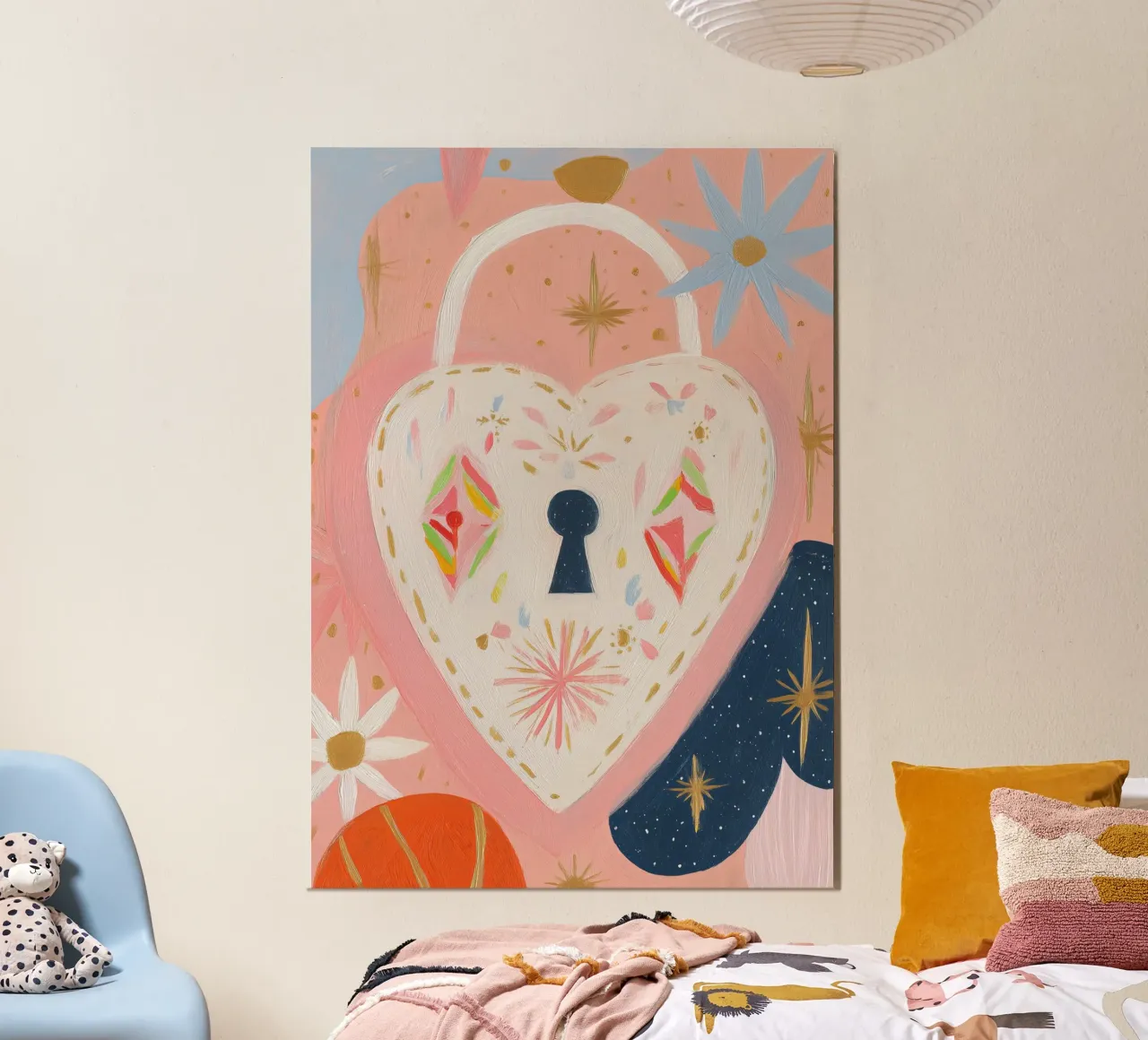 Folk Print, Heart Locket, Boho Print poster con marco de madera de Boheme
