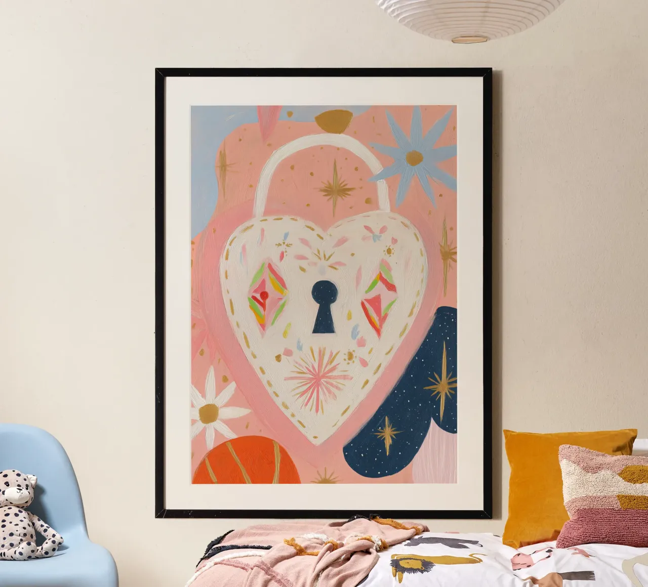 Folk Print, Heart Locket, Boho Print poster con marco de madera de Boheme