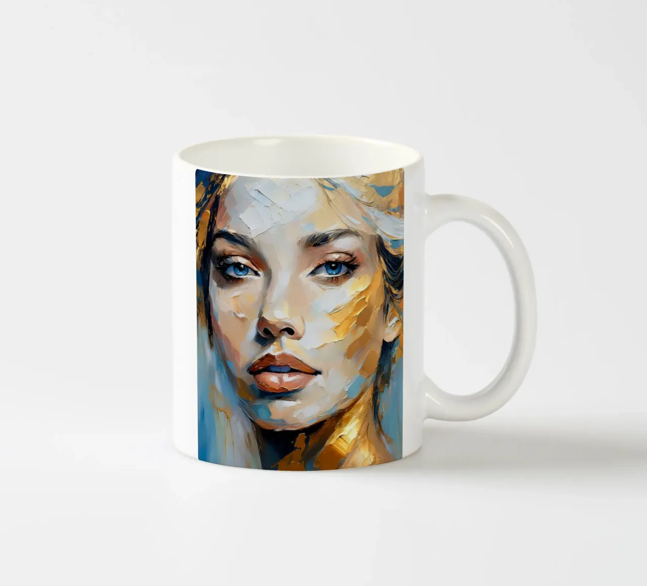 Portret Vrouw met dikke textuur in blauw goud witte kleuren keramische mok van Take Your Art BV