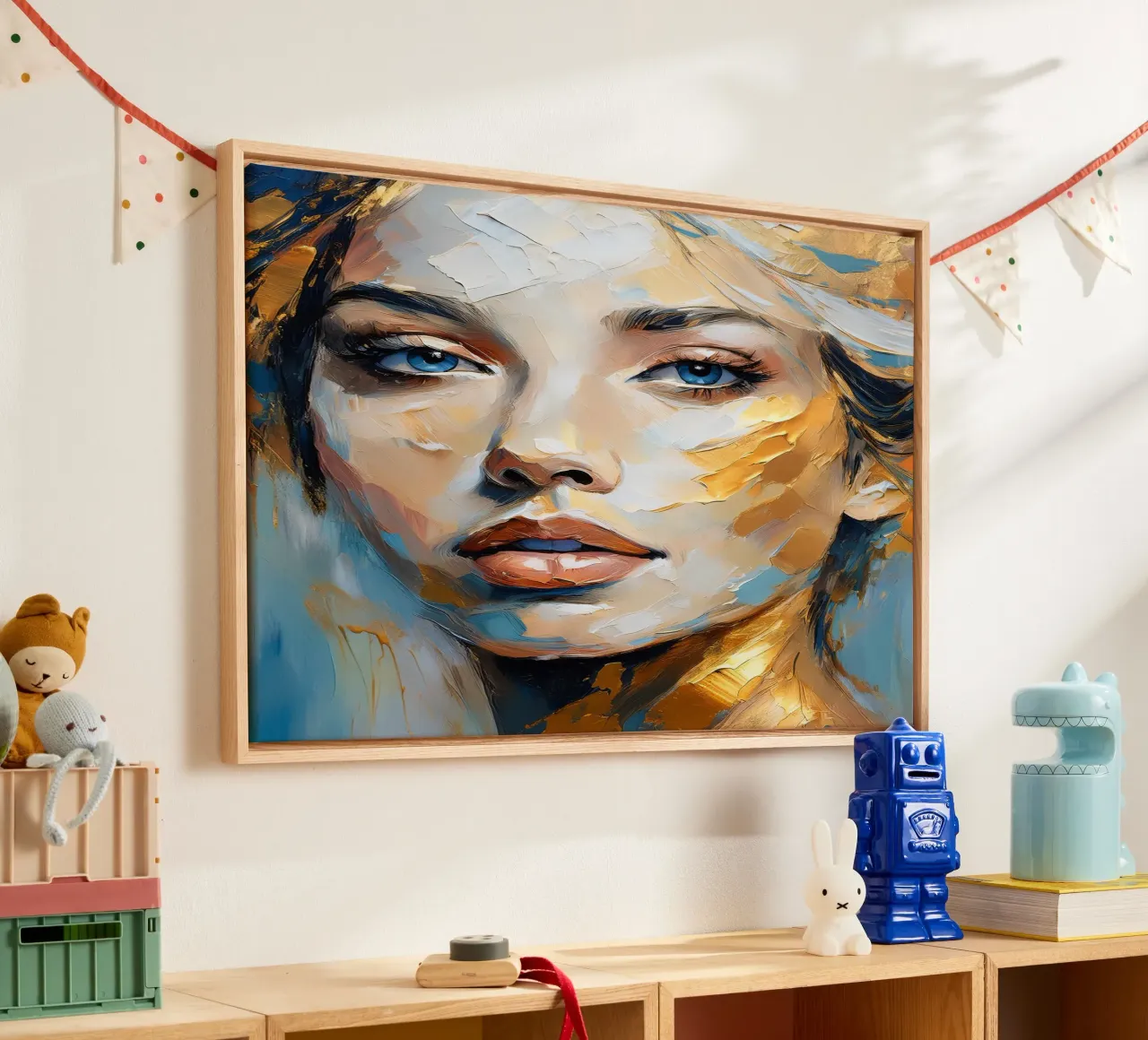Ritratto Donna con texture spessa nei colori blu oro bianco tela con Cornice a cassetta da Take Your Art BV
