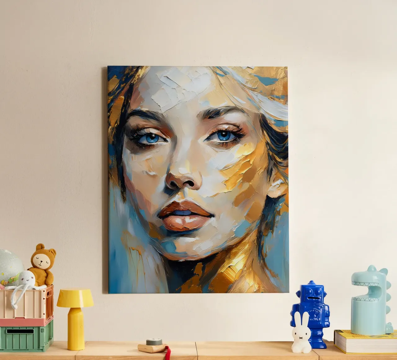 Ritratto Donna con texture spessa nei colori blu oro bianco tela con Cornice a cassetta da Take Your Art BV