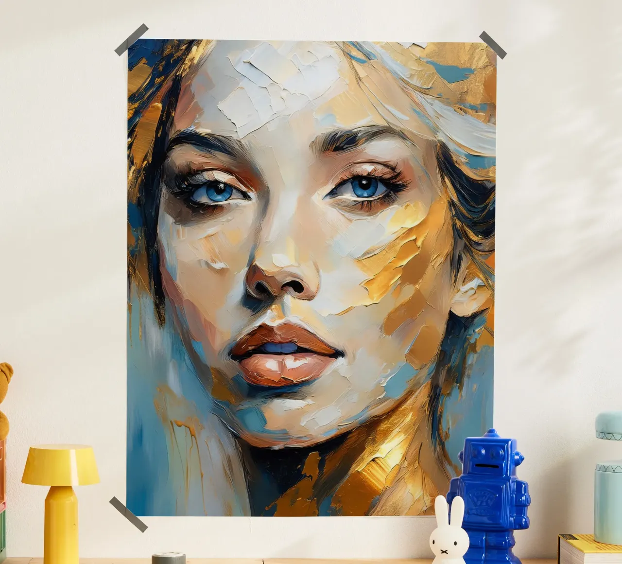 Ritratto Donna con texture spessa nei colori blu oro bianco poster da Take Your Art BV