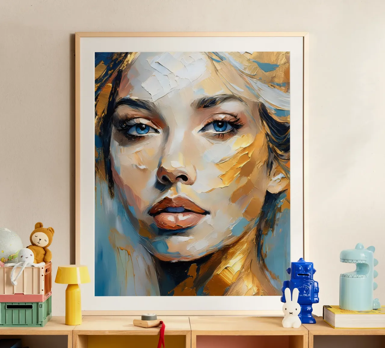 Ritratto Donna con texture spessa nei colori blu oro bianco poster da Take Your Art BV