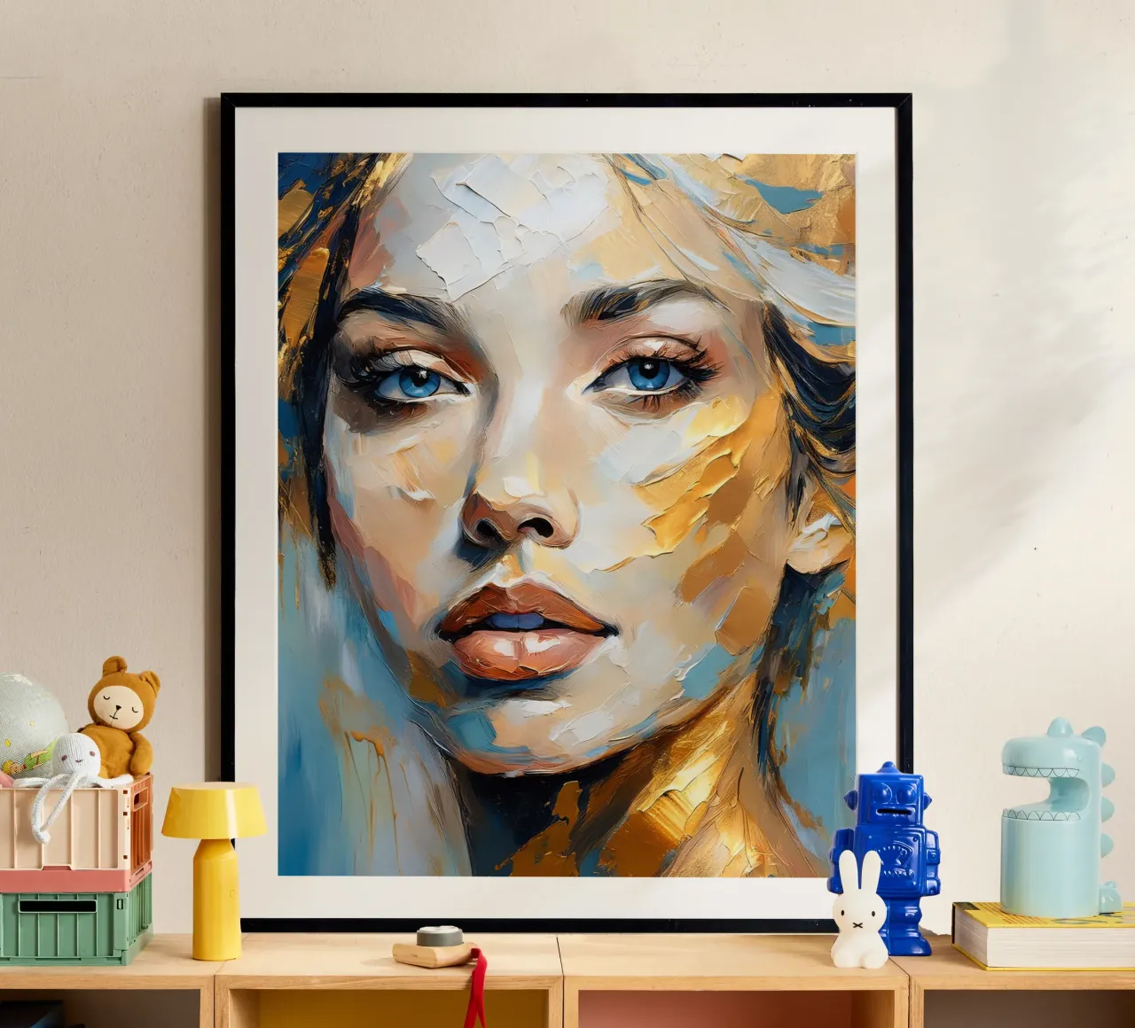 Ritratto Donna con texture spessa nei colori blu oro bianco poster da Take Your Art BV