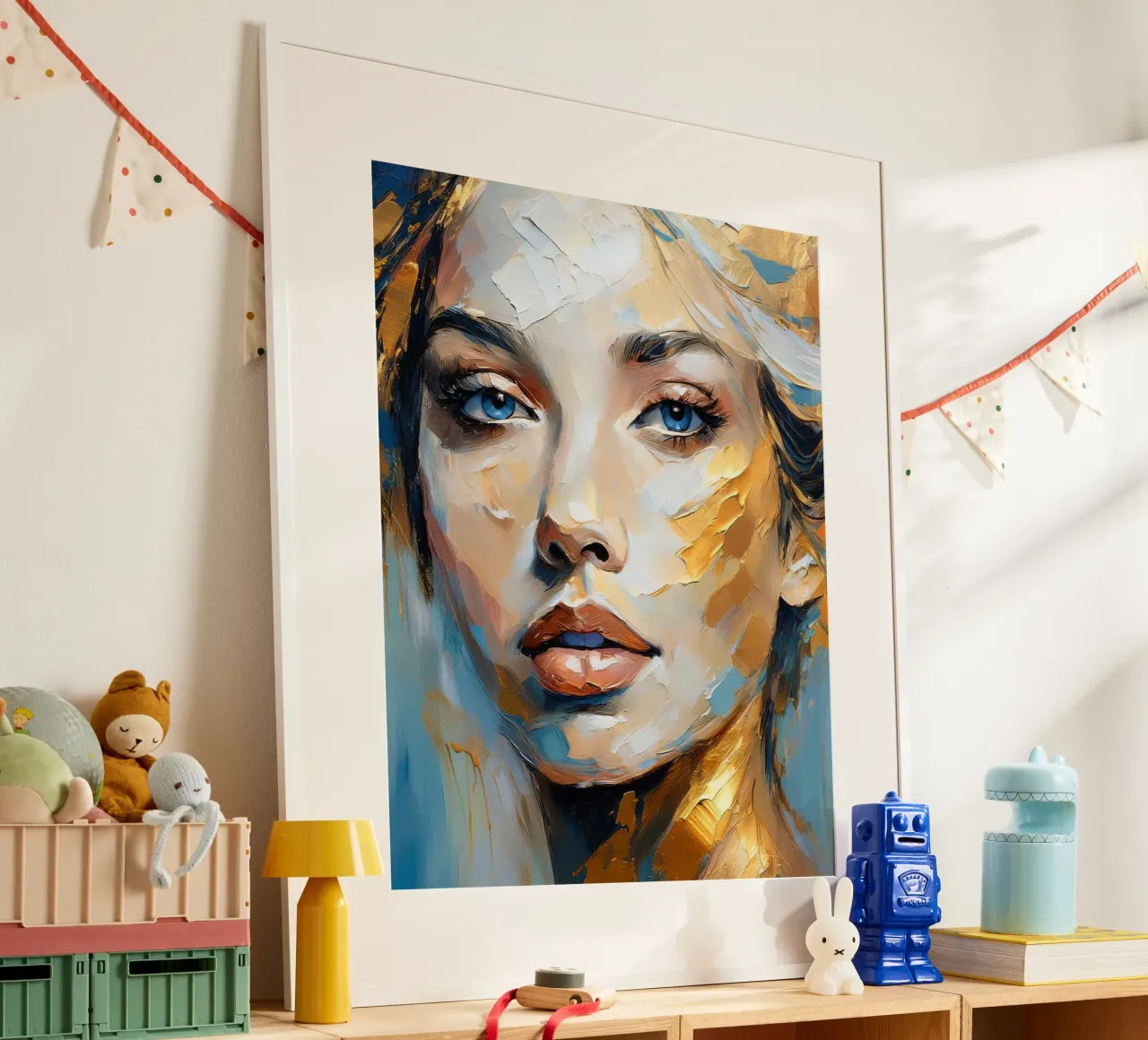 Ritratto Donna con texture spessa nei colori blu oro bianco poster da Take Your Art BV