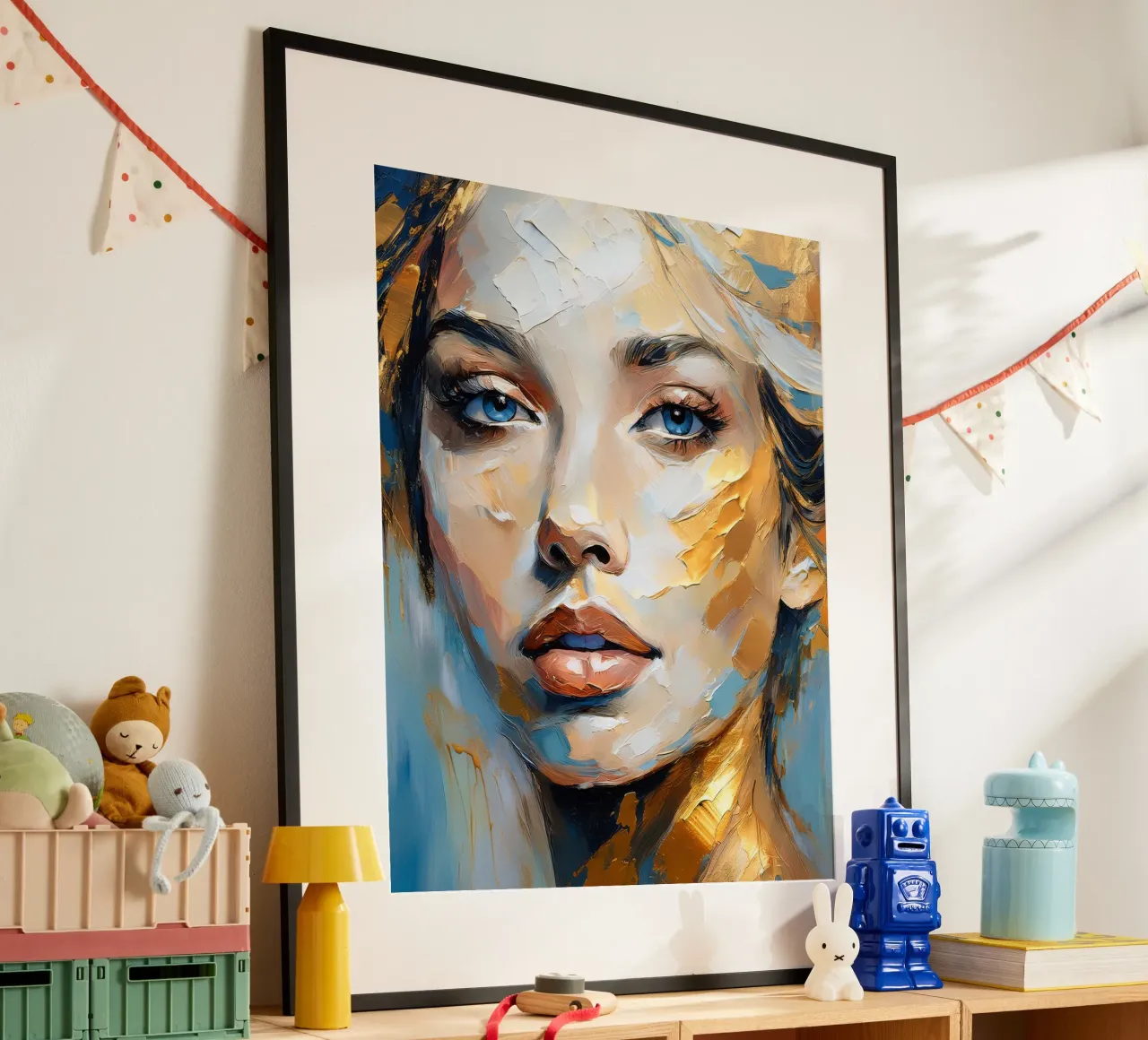 Ritratto Donna con texture spessa nei colori blu oro bianco poster da Take Your Art BV
