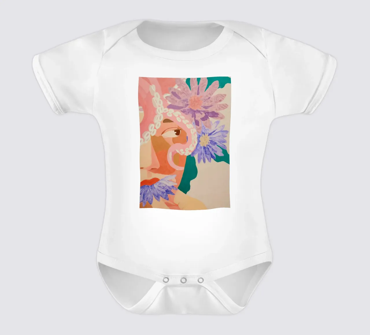 Abstracte bloemenprint vrouw, bloemsierkunst, pastelkleurige print babyrompertje korte mouwen van Boheme
