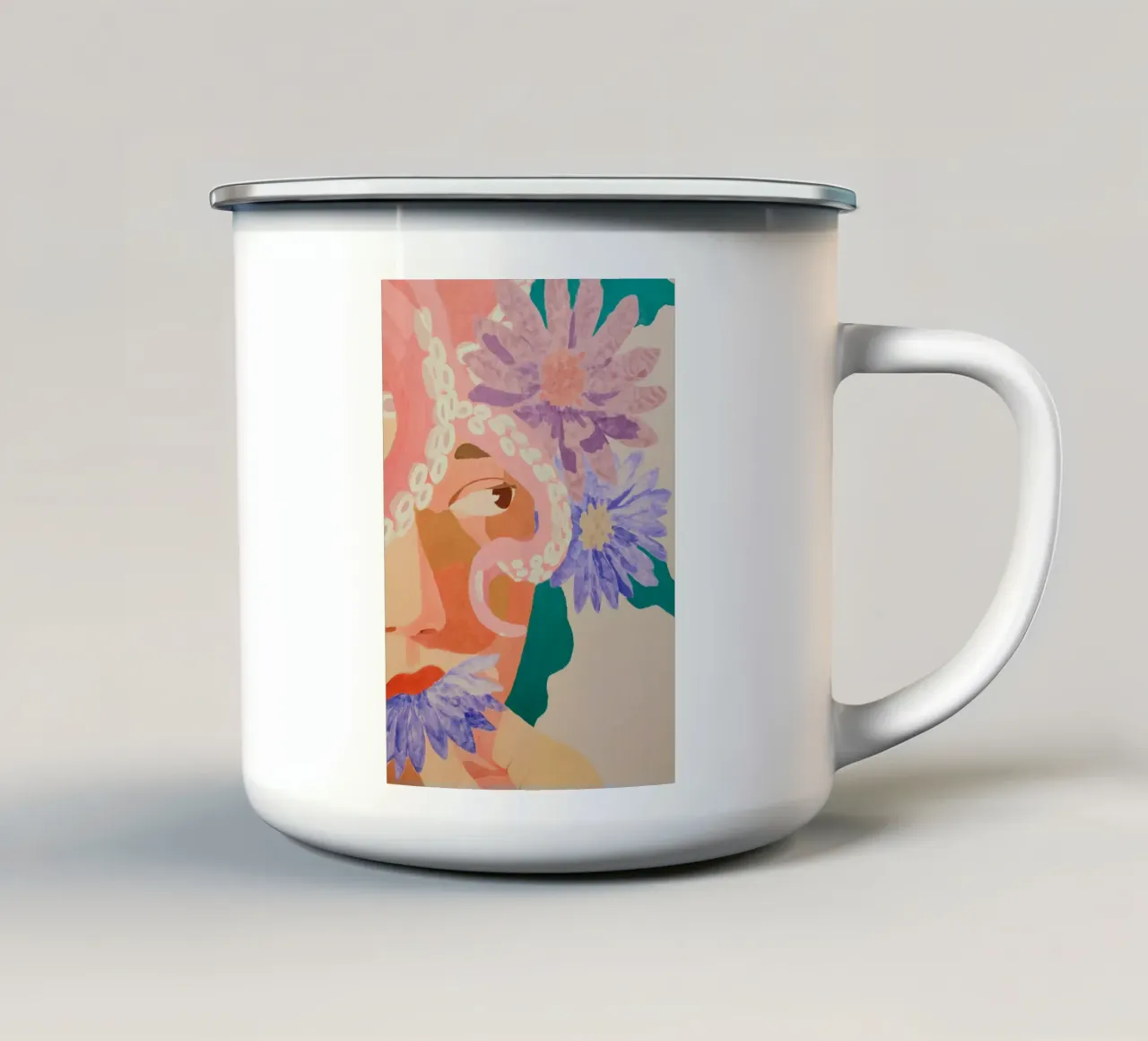 Abstracte bloemenprint vrouw, bloemsierkunst, pastelkleurige print emaille mok van Boheme