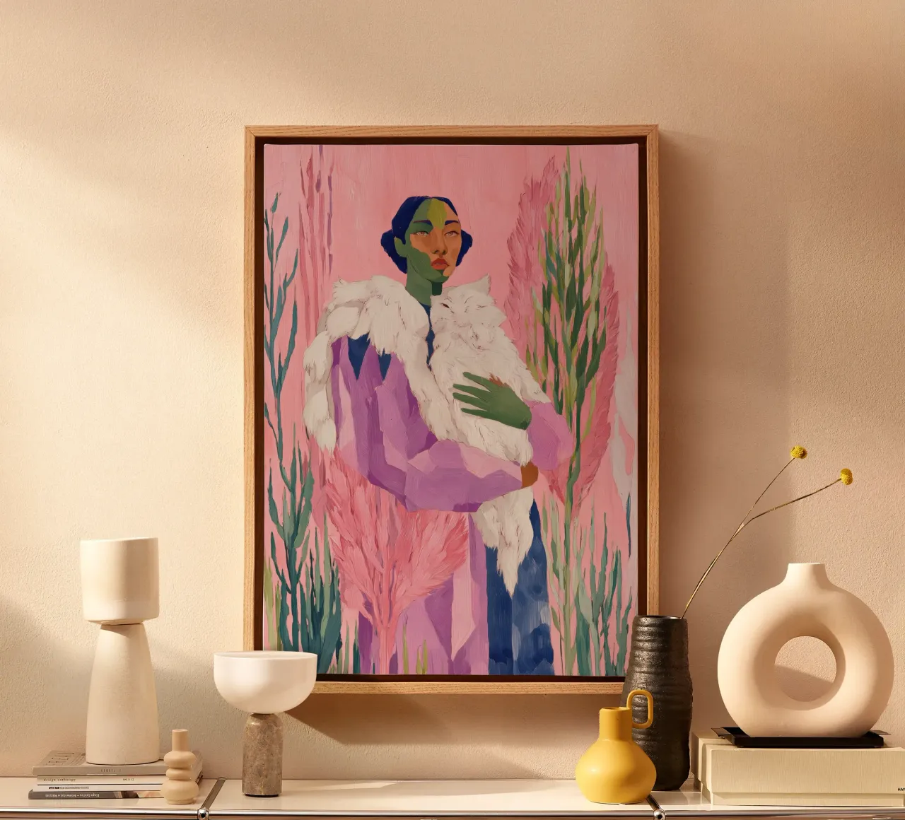 Abstracte Folk Print, Pastel Muurkunst canvas met Baklijst van Boheme