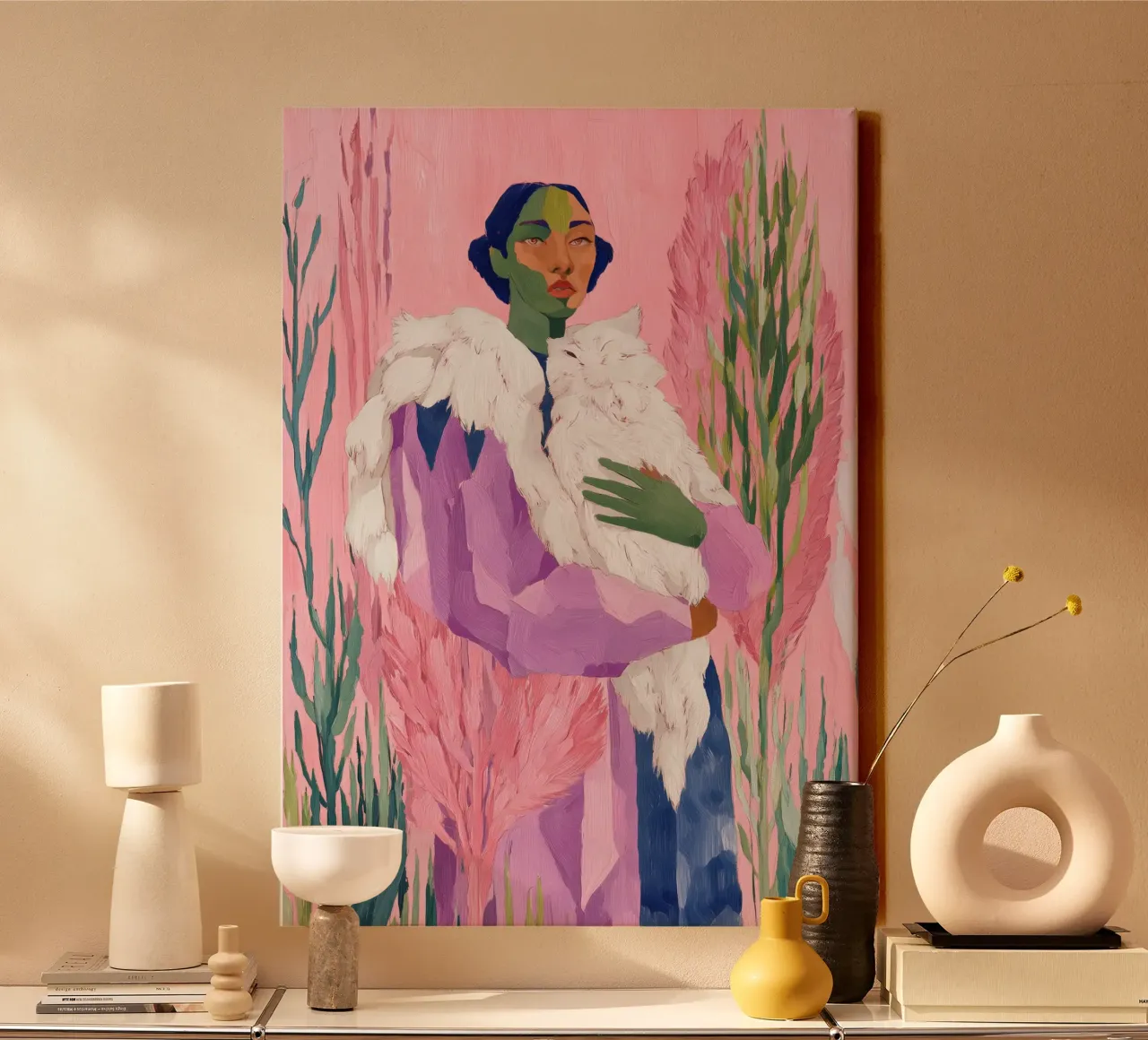 Abstracte Folk Print, Pastel Muurkunst canvas met Baklijst van Boheme