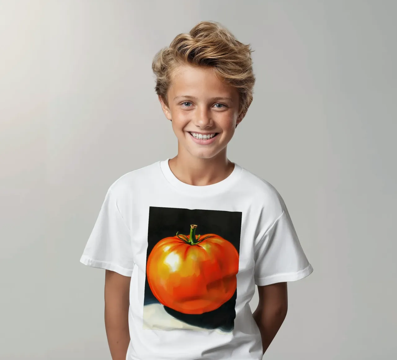 Bright red ripe tomato displayed on a contrasting surface kids t-shirt by DesignDoodle