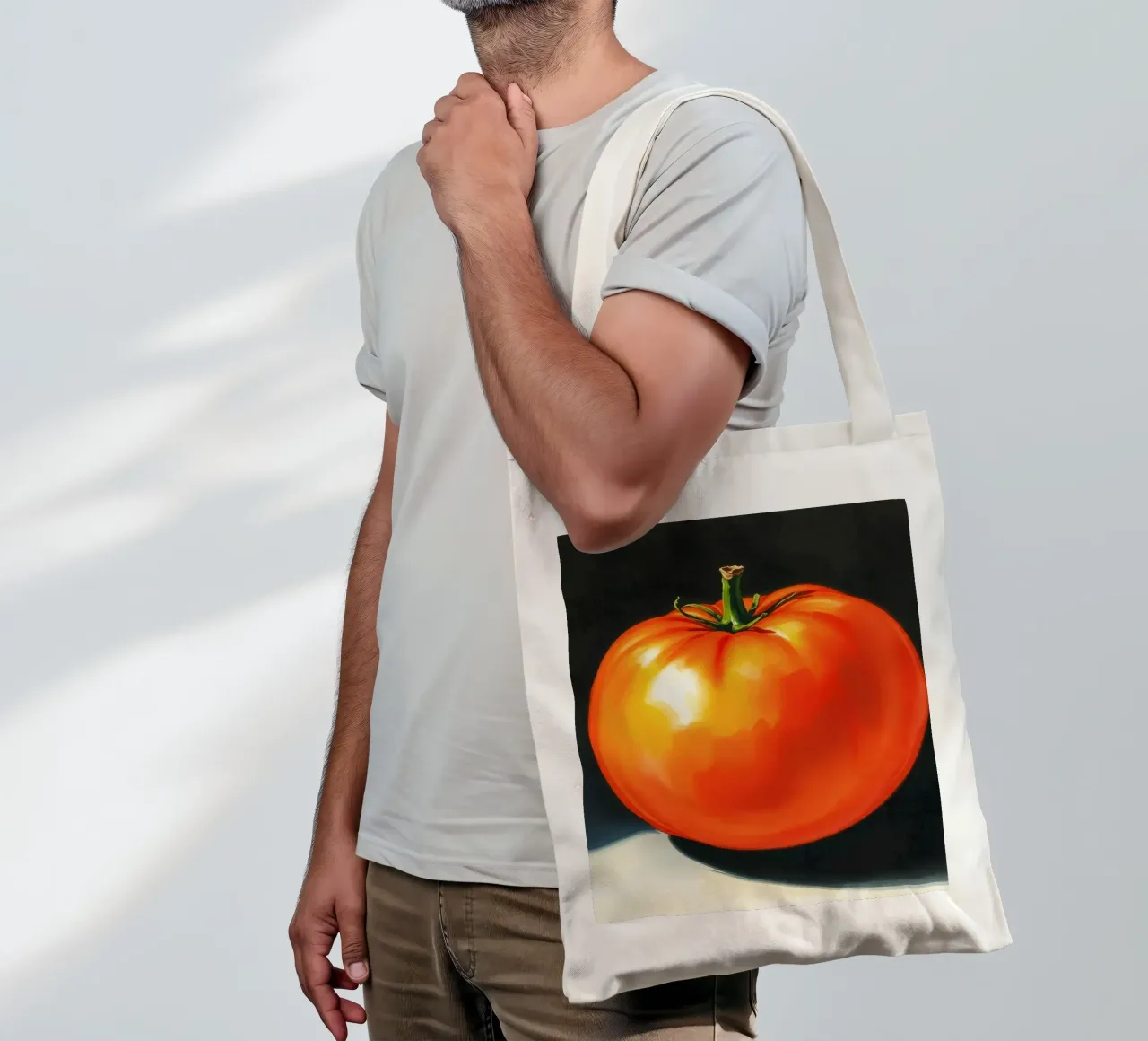 Bright red ripe tomato displayed on a contrasting surface tote bag by DesignDoodle