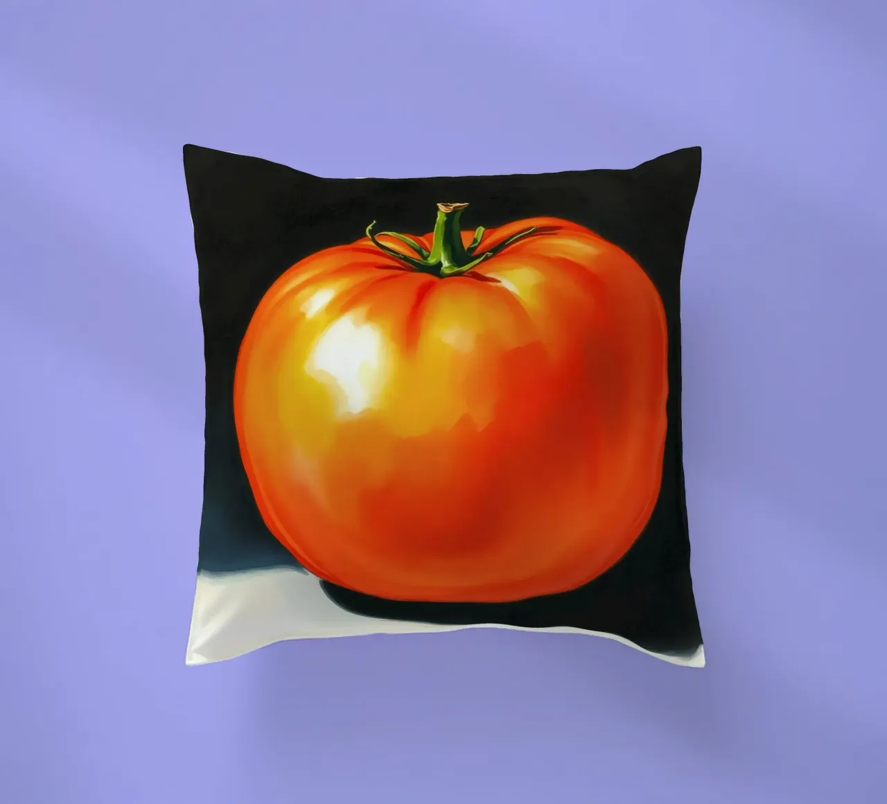 Bright red ripe tomato displayed on a contrasting surface decorative cushion by DesignDoodle