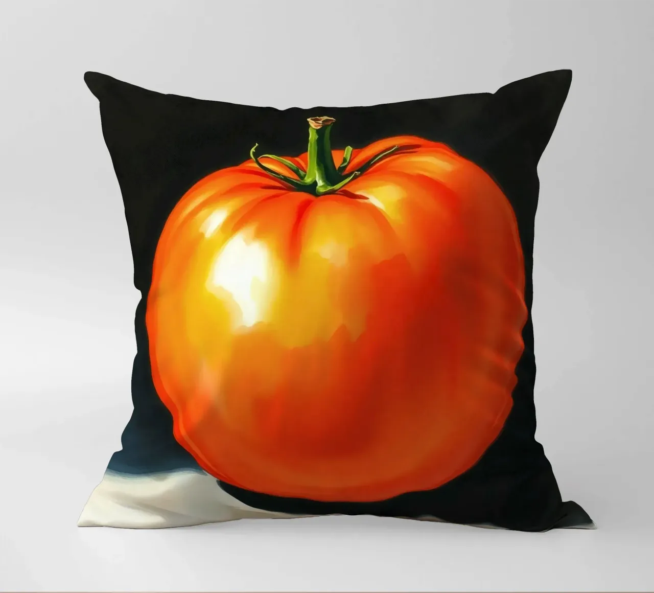 Bright red ripe tomato displayed on a contrasting surface decorative cushion by DesignDoodle