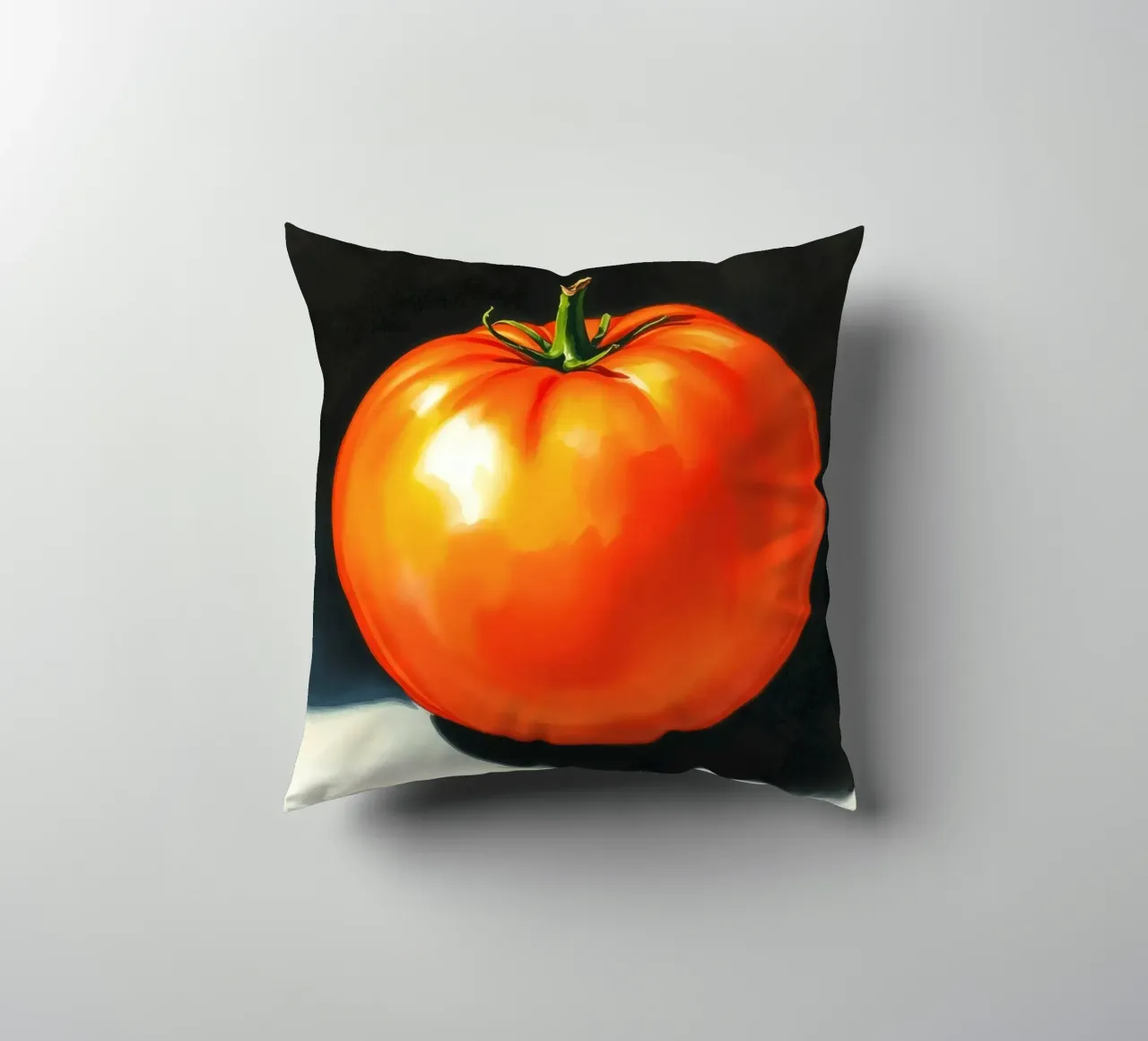 Bright red ripe tomato displayed on a contrasting surface decorative cushion by DesignDoodle