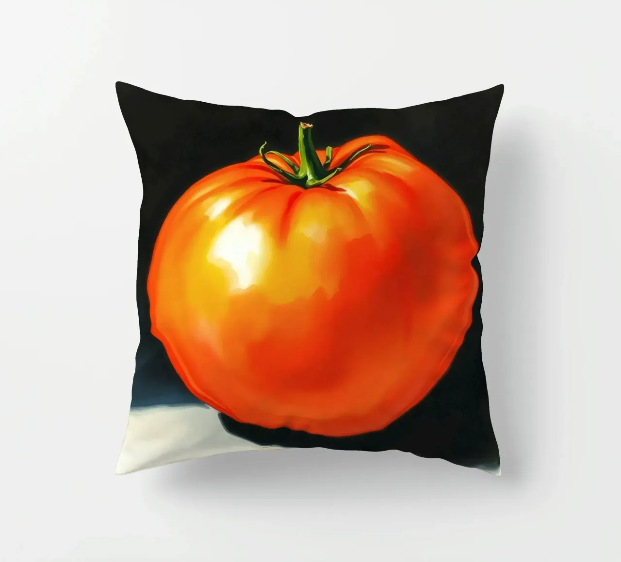 Bright red ripe tomato displayed on a contrasting surface decorative cushion by DesignDoodle