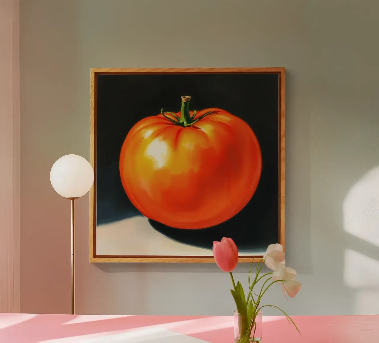 Tomate mûre rouge vif présentée sur une surface contrastée plexiglas de DesignDoodle