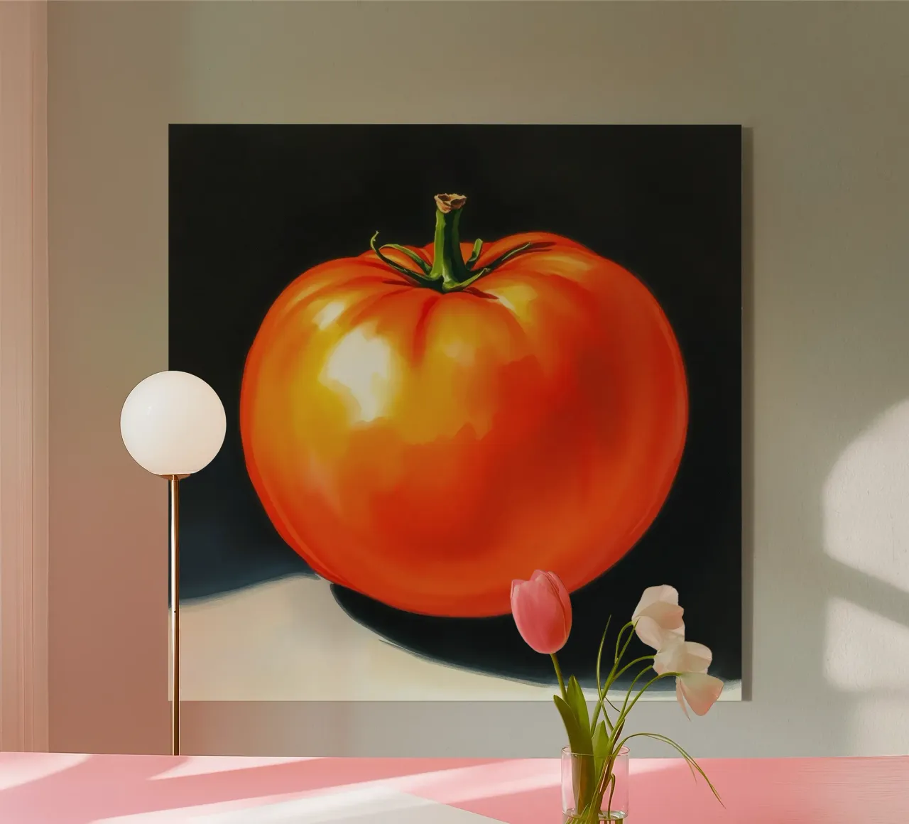 Tomate mûre rouge vif présentée sur une surface contrastée plexiglas de DesignDoodle