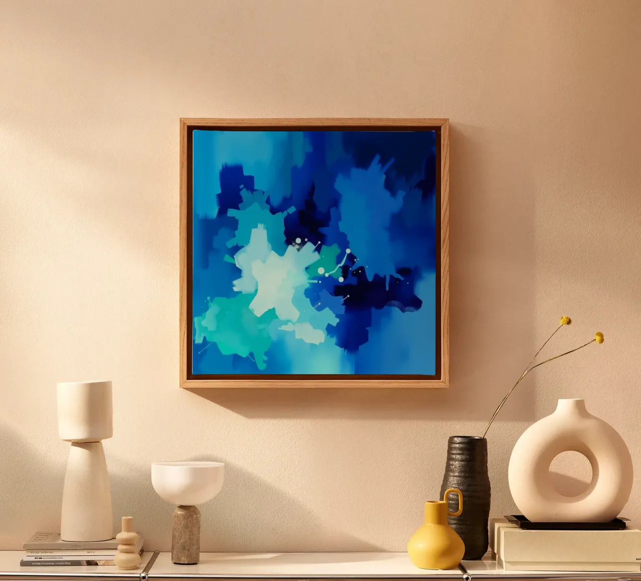 Moderne abstracte kunst in levendige blauwtinten canvas met Baklijst van DesignDoodle