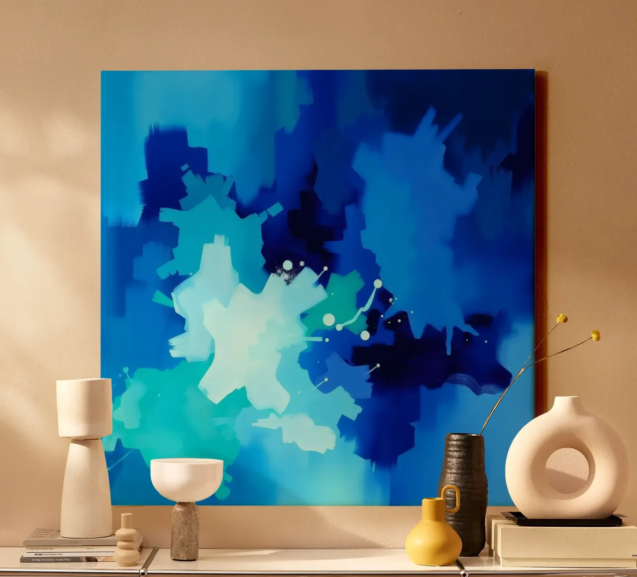 Moderne abstracte kunst in levendige blauwtinten canvas met Baklijst van DesignDoodle