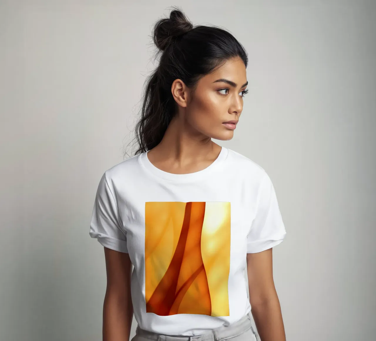 Abstract orange shapes blend to create warm & inviting art t-shirt by DesignDoodle