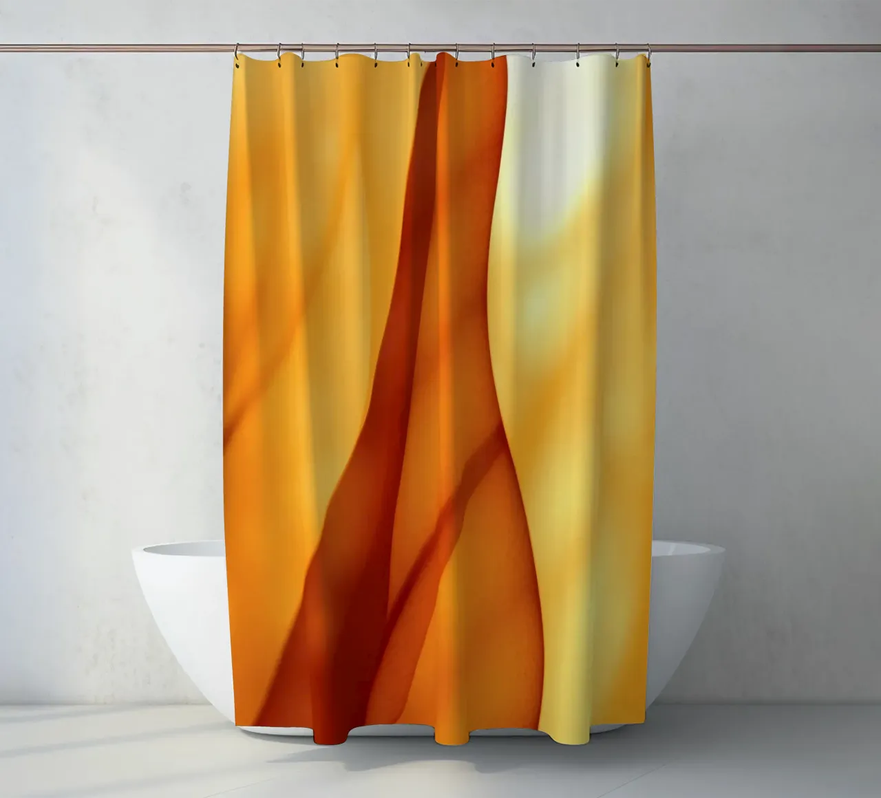 Abstract orange shapes blend to create warm & inviting art shower curtain by DesignDoodle