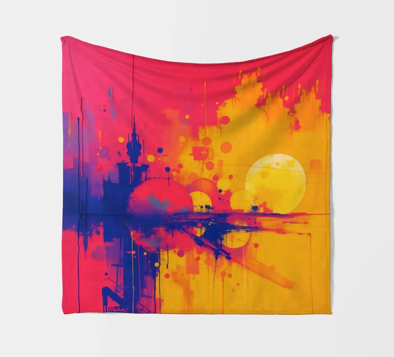sunset with abstract colors illuminating a serene landscape fleece blanket by DesignDoodle