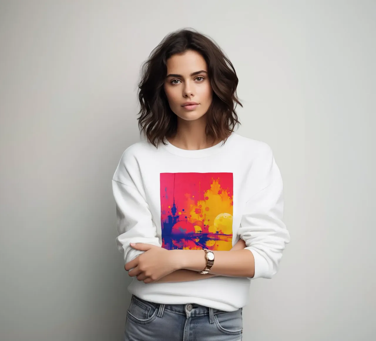 sunset with abstract colors illuminating a serene landscape sweatshirt by DesignDoodle