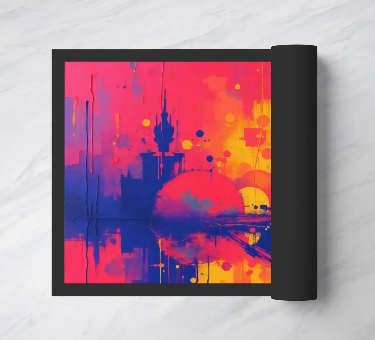 sunset with abstract colors illuminating a serene landscape doormat by DesignDoodle