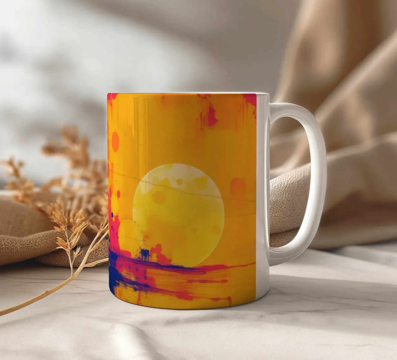 sunset with abstract colors illuminating a serene landscape ceramic mug by DesignDoodle