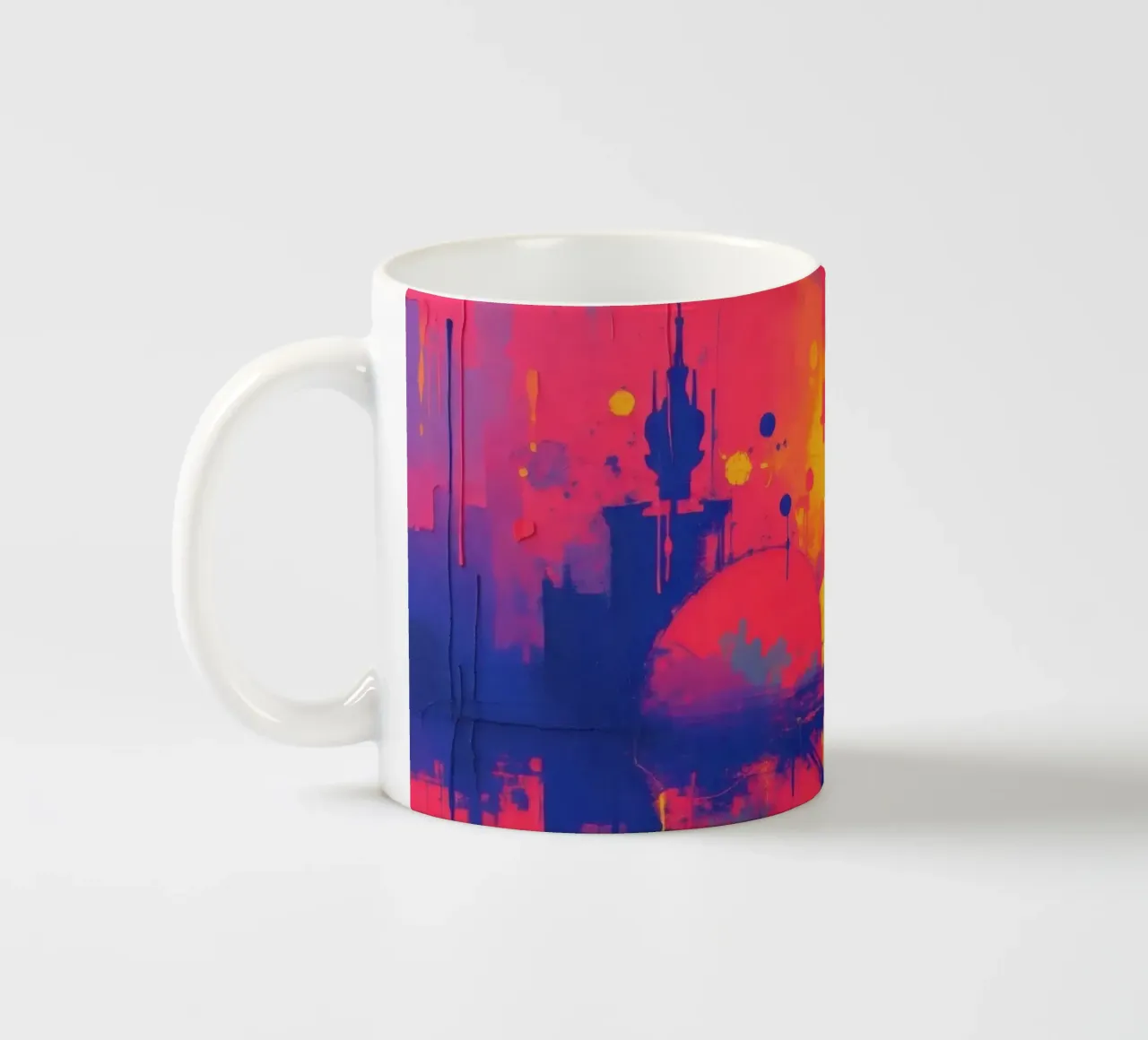 sunset with abstract colors illuminating a serene landscape ceramic mug by DesignDoodle