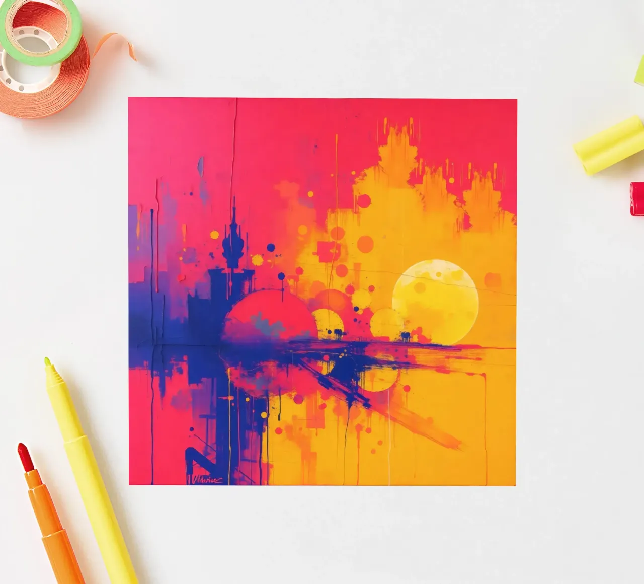sunset with abstract colors illuminating a serene landscape sticker by DesignDoodle