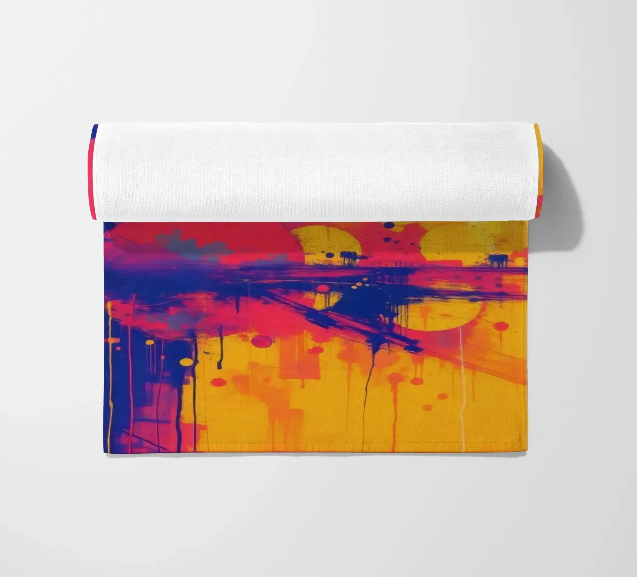 sunset with abstract colors illuminating a serene landscape beach towel by DesignDoodle