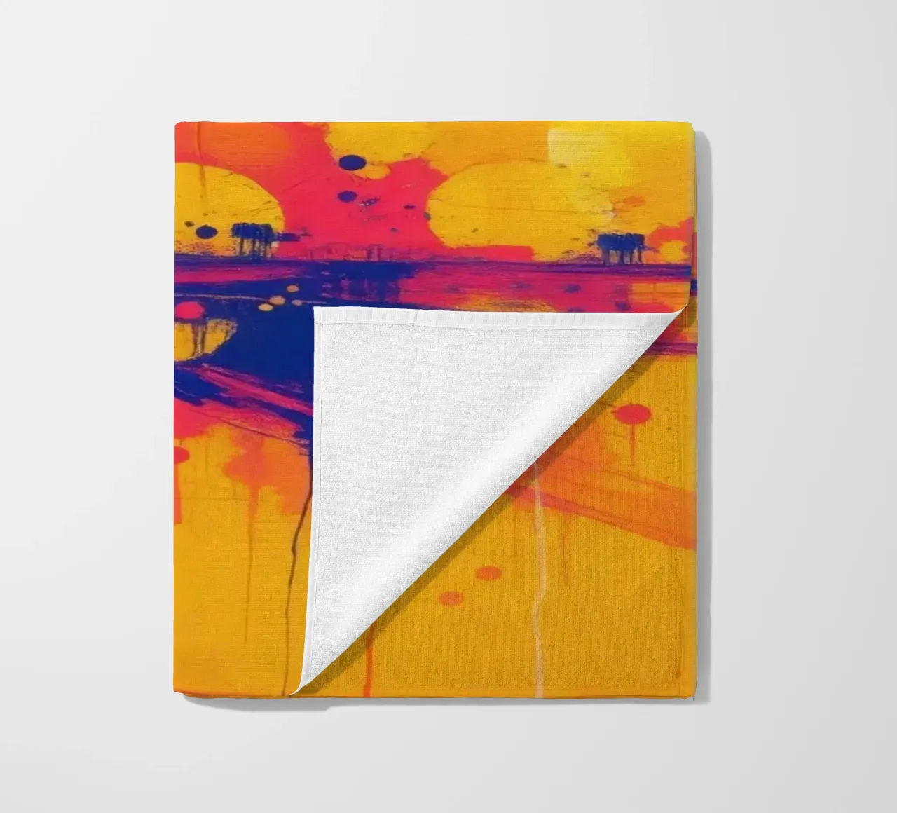 sunset with abstract colors illuminating a serene landscape beach towel by DesignDoodle