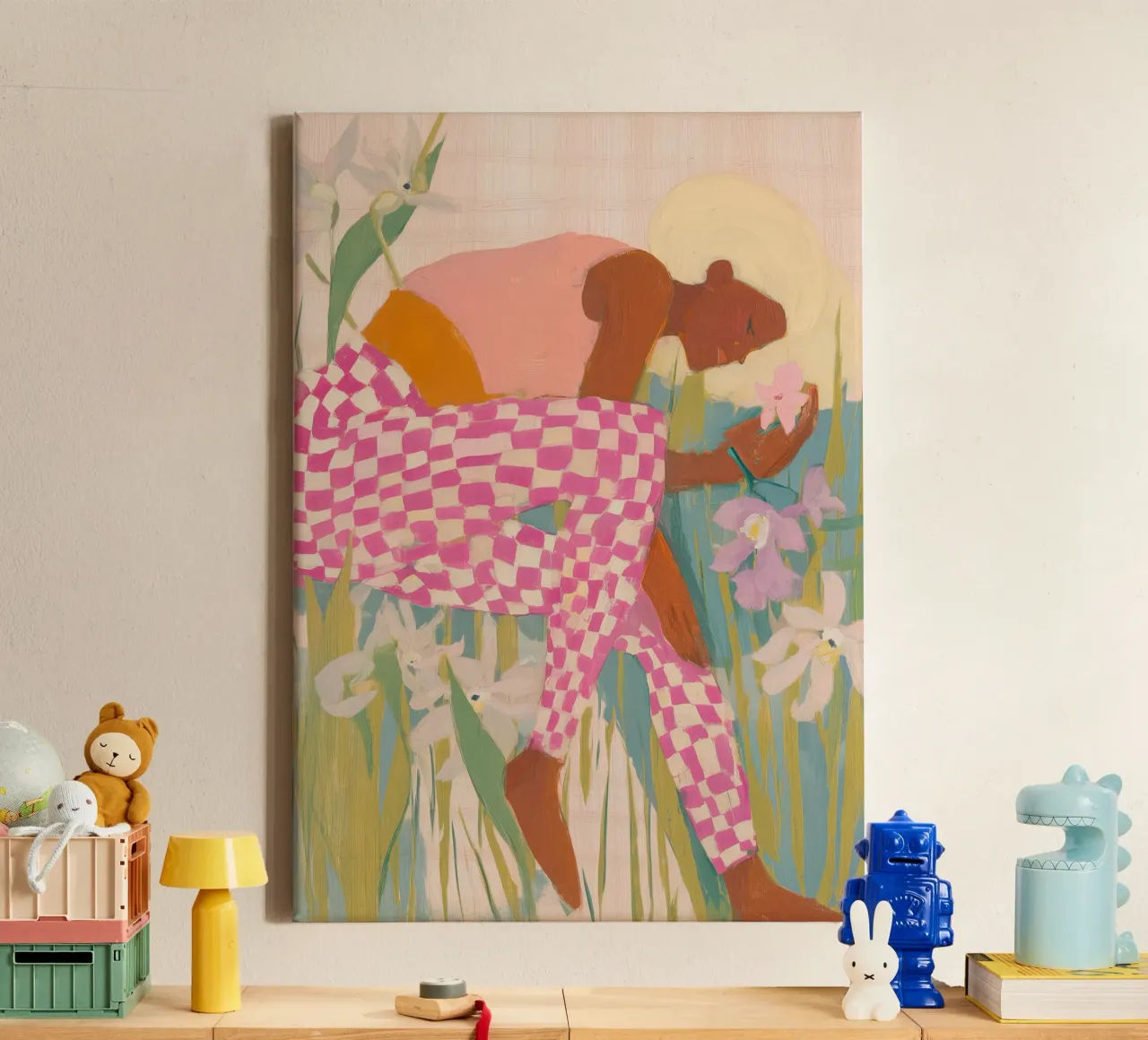 Abstracte Vrouw Folk Print, Wilde Bloemen Print, Bloemsierkunst canvas met Baklijst van Boheme