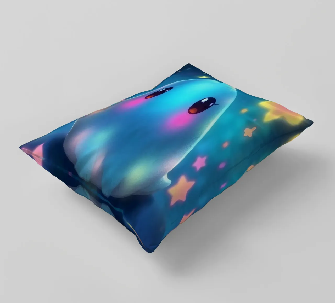 Simpatica creatura luminosa circondata da stelle colorate cuscino da DesignDoodle