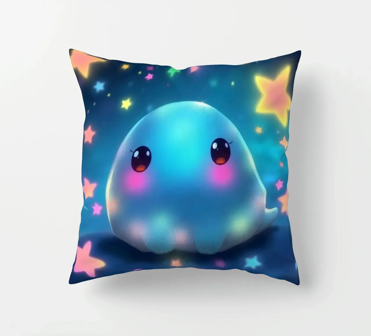 Simpatica creatura luminosa circondata da stelle colorate cuscino da DesignDoodle