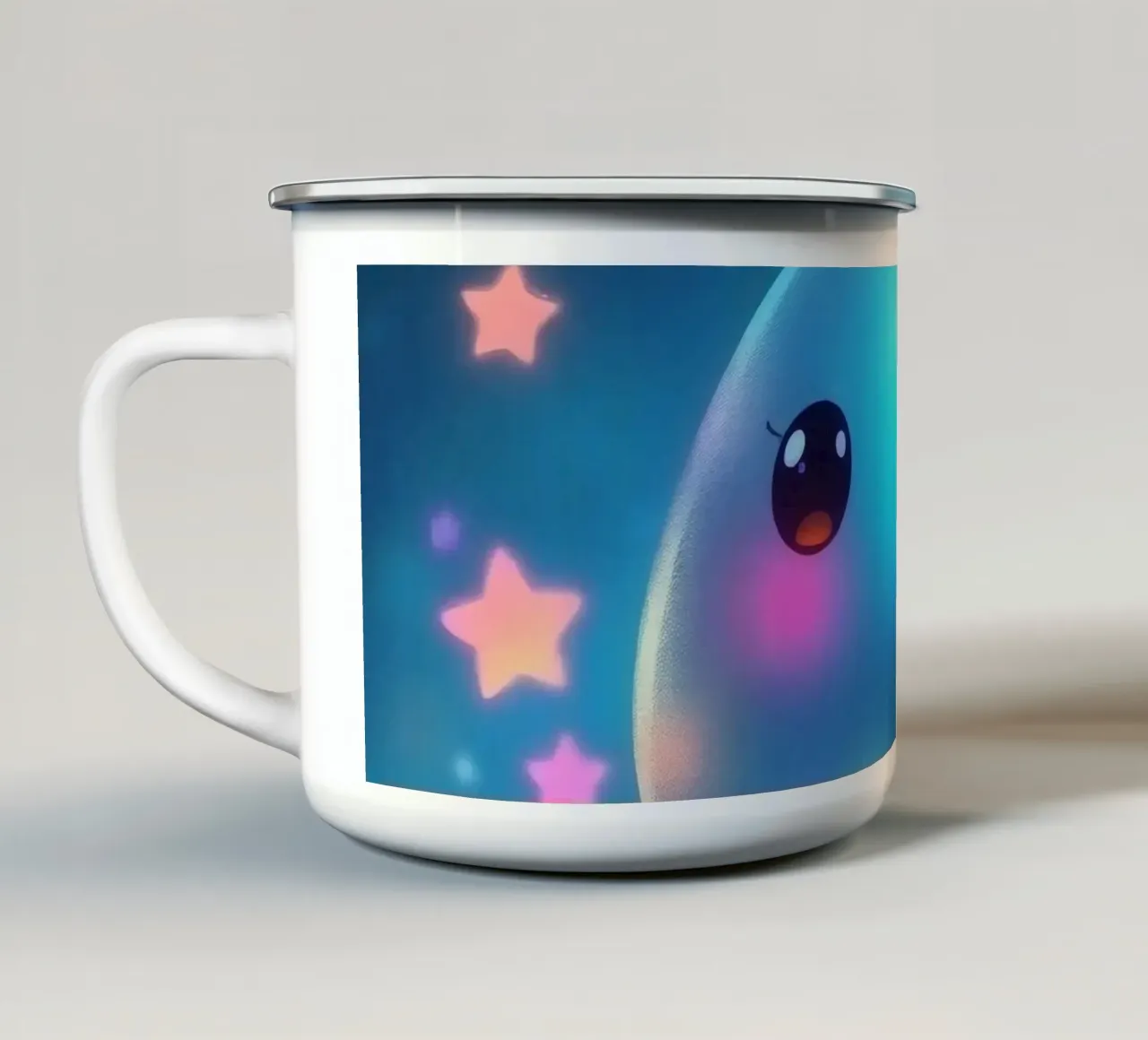 Simpatica creatura luminosa circondata da stelle colorate tazza in smalto da DesignDoodle